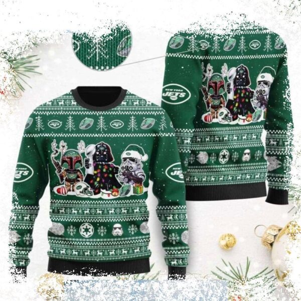 Unleash your inner Jedi with this hilarious Star Wars and Jets Ugly Christmas Sweater! Perfect for holiday parties and showing off your fandom. Shop now and spread some festive cheer! - Image 1 - rugbyfanstore.com