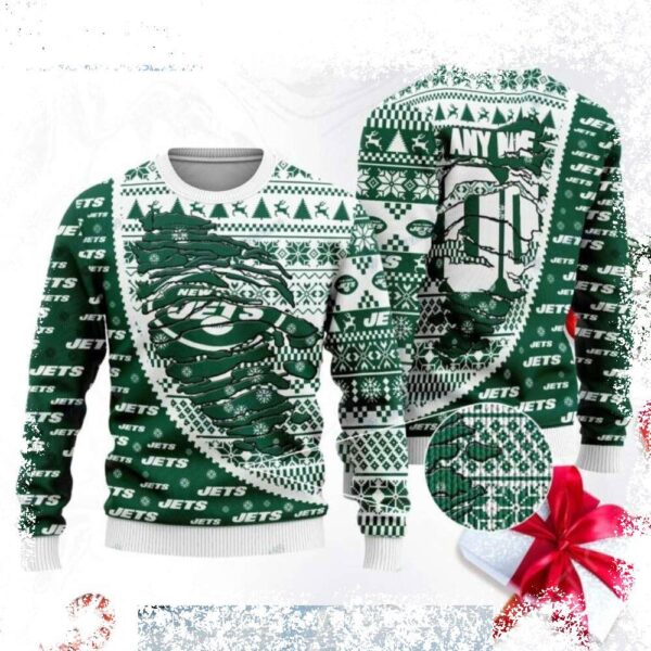 Turn heads this holiday season with our ripped and torn logo Jets Ugly Xmas Sweater. Embrace your inner rebel with this fierce, statement piece. Shop now and get ready to rock the ugliest sweater part - Image 1 - rugbyfanstore.com