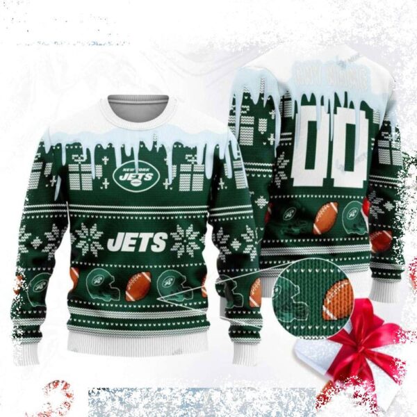 Get festive this winter with our customizable Snowy Skyline Jets Ugly Xmas Sweater! Design your own winter wonderland with our unique and hilarious design. Shop now and spread holiday cheer! - Image 1 - rugbyfanstore.com