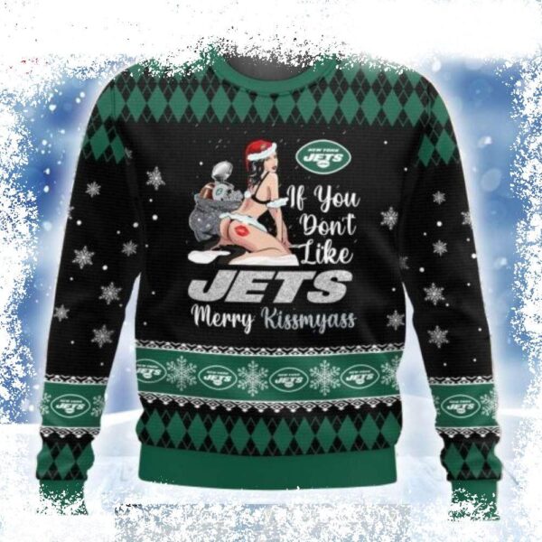 Show off your bold, sassy Jets pride this Christmas! This ugly sweater says it all - Merry Kissmyass! Grab yours before they're gone! - Image 1 - rugbyfanstore.com