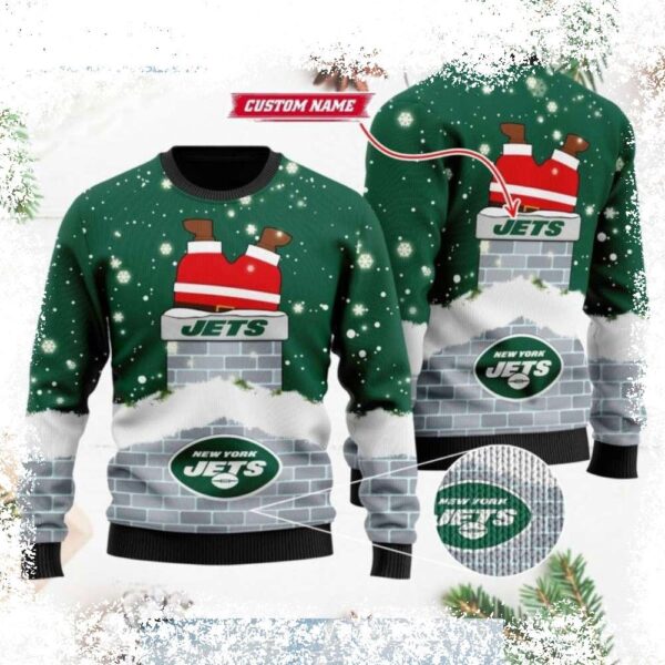 Spread holiday cheer with our hilarious "Santa Stuck In Chimney Jets" Ugly Christmas Sweater! Personalized with your name, it's the perfect gift for the fun-loving friend. Shop now and get ready to j - Image 1 - rugbyfanstore.com