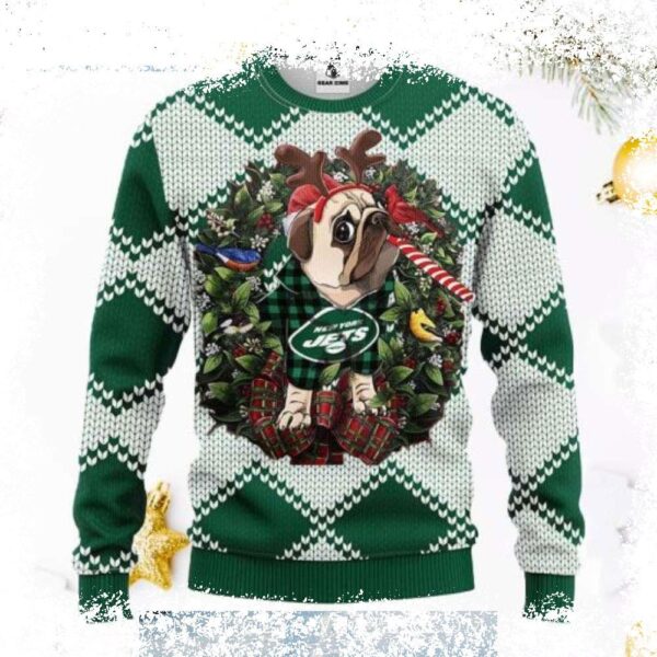 Spread holiday cheer with this hilarious Pug Reindeer New York Jets Ugly Xmas Sweater! Perfect for Jets fans who love their furry friends. Shop now and get cozy this Christmas! - Image 1 - rugbyfanstore.com