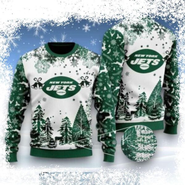 Spread holiday cheer with this festive New York Jets Ugly Xmas Sweater! Featuring a winter wonderland forest scene, this sweater is perfect for game day or any holiday gathering. Shop now and show you - Image 1 - rugbyfanstore.com