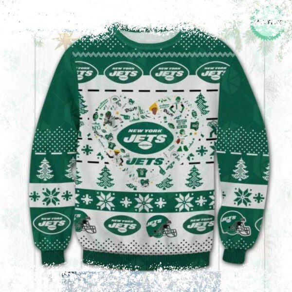 Spread Jets pride this holiday season with our festive Ugly Christmas Sweater! Featuring a bold heart logo and playful trees design, this sweater is sure to turn heads. Shop now and get ready for the - Image 1 - rugbyfanstore.com