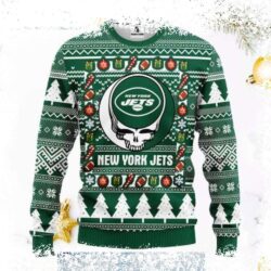 Show your love for the Jets and the Grateful Dead with this bold, ugly sweater. Perfect for holiday gatherings or tailgating, this unique design is sure to turn heads. Shop now and get your New York J - Image 1 - rugbyfanstore.com