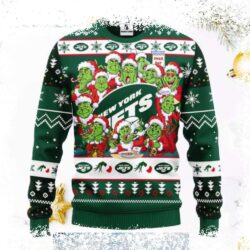 Spread holiday cheer with this hilarious New York Jets Grinch Xmas sweater! Green Mischief design, perfect for any Jets fan. Shop now and get ready for Christmas Day! - Image 1 - rugbyfanstore.com