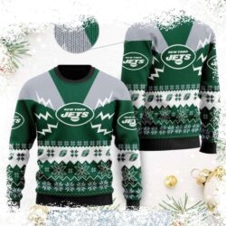 Show your Jets pride this holiday season with this vibrant green "Lightning Bolt" ugly Christmas sweater! Perfect for festive gatherings and game day, get yours now! - Image 1 - rugbyfanstore.com