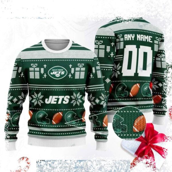 Show your New York Jets pride this holiday season with our ugly Christmas sweater! Customize with your name, number, or favorite saying. Shop now and get ready to jingle all the way! - Image 1 - rugbyfanstore.com