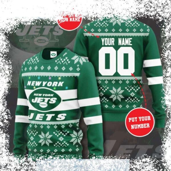 Show your Jets pride this holiday season with a customizable Ugly Christmas Sweater! Add your name and number for a unique, festive look. Shop now and get ready to jingle all the way! - Image 1 - rugbyfanstore.com