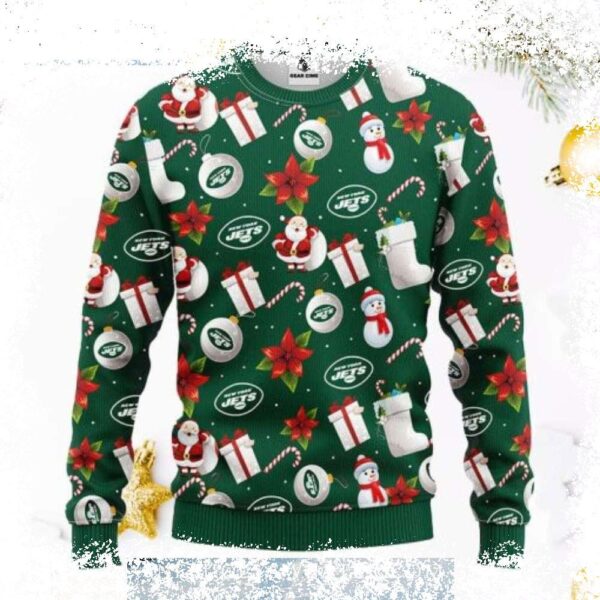 Spread holiday cheer with this hilarious New York Jets Ugly Christmas Sweater! Featuring a candy cane and snowman design, it's the perfect gift for any Jets fan. Shop now and get ready for the holiday - Image 1 - rugbyfanstore.com