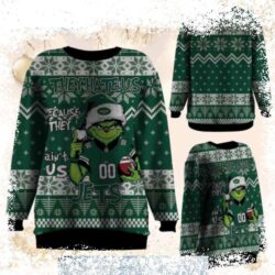 Show your true Jets fandom with this hilarious Grinch-themed ugly Christmas sweater! Bold design, perfect for holiday parties or just showing off your team pride. Get yours today! - Image 1 - rugbyfanstore.com