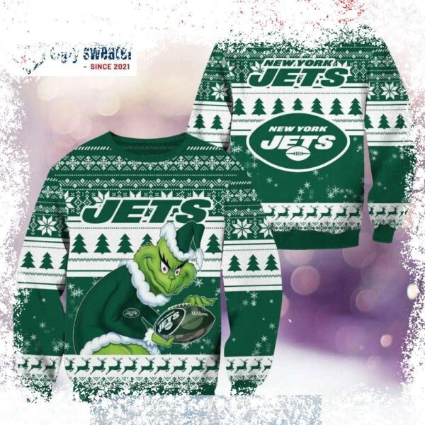 Spread holiday cheer with the Grinch New York Jets Ugly Christmas Sweater! This hilarious design features the Grinch in Jets gear, perfect for any fan. Get yours today and make a statement this Chris - Image 1 - rugbyfanstore.com