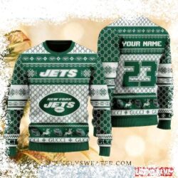 Show your Jets pride this holiday season with our custom Gucci-inspired Christmas sweater! Made with high-quality materials and featuring your favorite team logo, this sweater is sure to turn heads. - Image 1 - rugbyfanstore.com