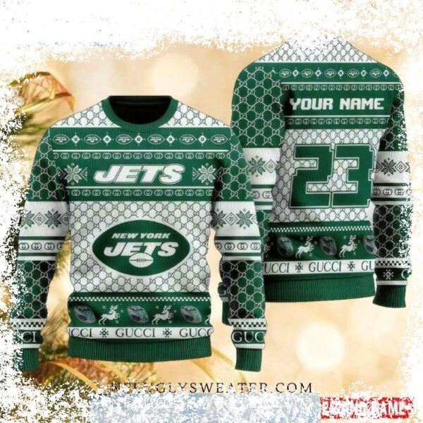 Show your Jets pride this holiday season with our custom Gucci-inspired Christmas sweater! Made with high-quality materials and featuring your favorite team logo, this sweater is sure to turn heads. - Image 1 - rugbyfanstore.com