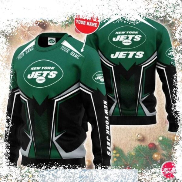 Show off your Jets pride this holiday season with our custom-designed ugly Christmas sweater! Boldly express your fandom with unique armor details. Shop now and stand out at your next holiday gather - Image 1 - rugbyfanstore.com