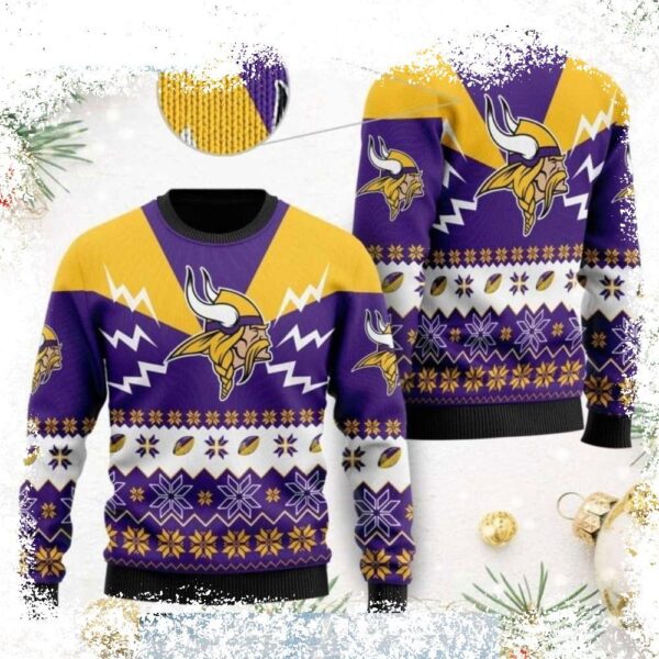 Show your Viking pride this Christmas with our stylish NFL Minnesota Vikings sweater! Featuring a bold logo design, this cozy sweater is perfect for game day or holiday gatherings. Shop now and score - Image 1 - rugbyfanstore.com