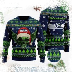 Show your Seahawks pride this holiday season with our Regal Golden Skull Ugly Christmas Sweater! This unique design is perfect for the ultimate fan. Shop now and get ready to stand out at your next ho - Image 1 - rugbyfanstore.com