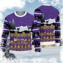 Show your Vikings pride this Christmas with our festive sweater! Featuring a bold logo print amidst a snowy pine forest, this sweater is perfect for game day or cozy nights. Shop now and get ready for - Image 1 - rugbyfanstore.com