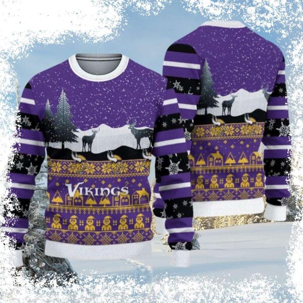 Show your Vikings pride this Christmas with our festive sweater! Featuring a bold logo print amidst a snowy pine forest, this sweater is perfect for game day or cozy nights. Shop now and get ready for - Image 1 - rugbyfanstore.com