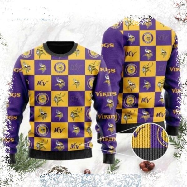 Show your team spirit this holiday season with our Minnesota Vikings Christmas sweater! Featuring a festive checkered flannel graphic and the iconic Vikings logo, this sweater is perfect for any fan. - Image 1 - rugbyfanstore.com