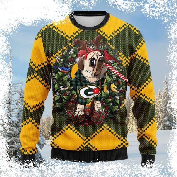 Show your Green Bay Packers pride with this unique, ugly Christmas sweater featuring a playful Pub Dog print. Perfect for tailgating or holiday parties, grab yours today! - Image 1 - rugbyfanstore.com