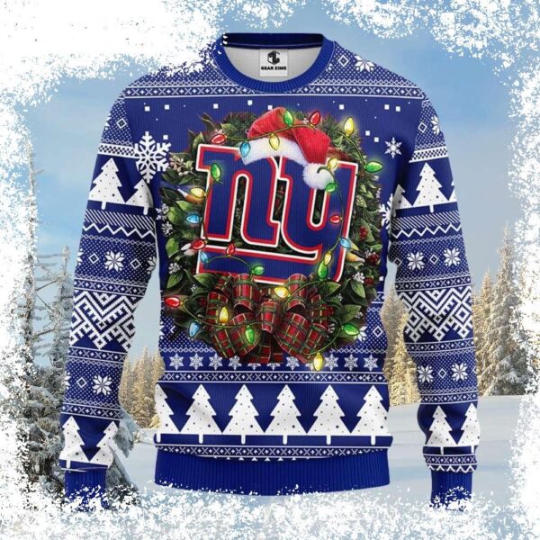 Show your NY Giants pride this Christmas with this hilarious ugly Christmas sweater! Featuring a festive light-up logo, this sweater is sure to be a conversation starter. Get yours today! - Image 1 - rugbyfanstore.com