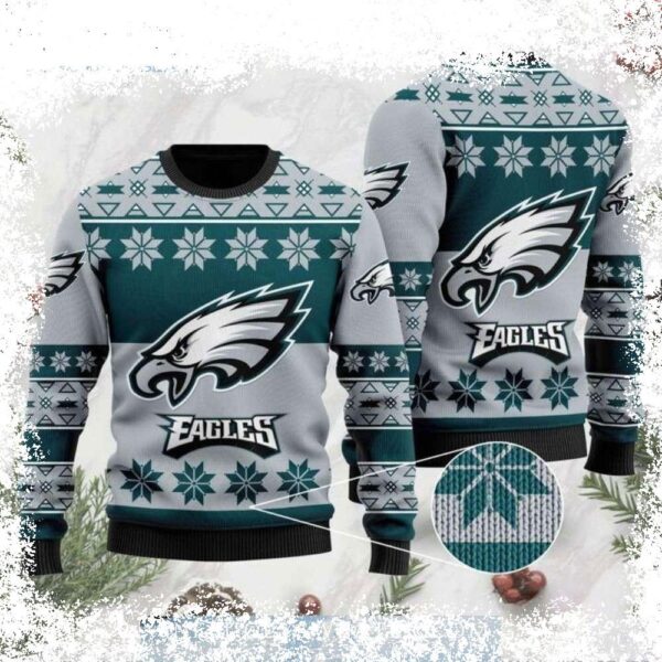 Show your Eagles pride this holiday season with our hilarious and festive "Snowflakes Delight" Ugly Christmas Sweater! Perfect for game day or holiday gatherings. Shop now! - Image 1 - rugbyfanstore.com