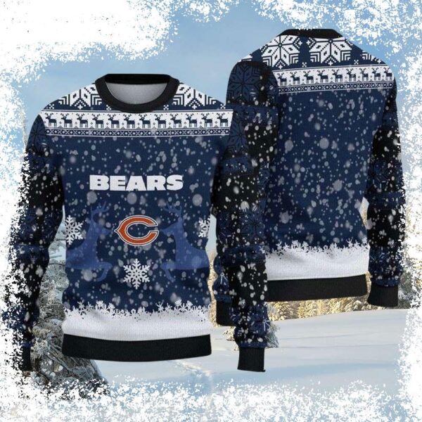 Show your Chicago Bears pride this holiday season with our festive Christmas sweater! Featuring a bold team logo and snowflakes, this cozy sweater is perfect for cheering on the Bears during winter ga - Image 1 - rugbyfanstore.com