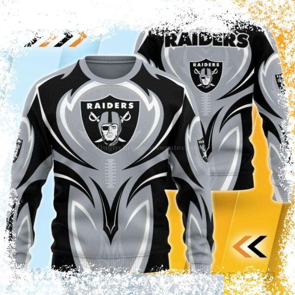 Show your Raiders pride this Christmas with this hilarious Gray Shirt Las Vegas Raiders Ugly Christmas Sweater! Perfect for game day or holiday gatherings, this sweater is sure to get laughs. Shop no - Image 1 - rugbyfanstore.com