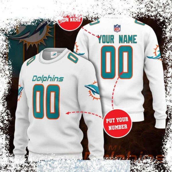 Show your Miami Dolphins pride in style with this unique, custom-designed ugly sweater! Perfect for game day or holiday parties. Shop now and make a statement! - Image 1 - rugbyfanstore.com