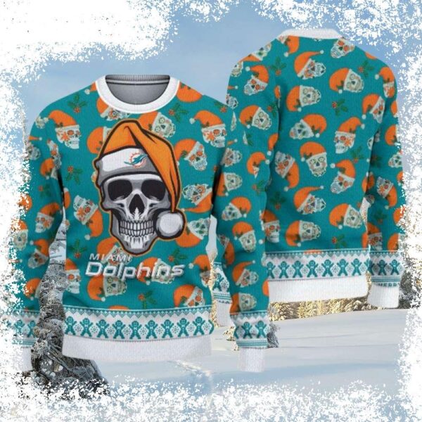 Show your festive spirit with this unique Dolphins Christmas sweater featuring a skull in a Santa hat design. Perfect for any fan, this sweater will keep you warm and stylish all season long. Shop now - Image 1 - rugbyfanstore.com