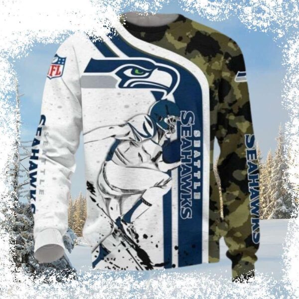 Show your Seahawks pride this holiday season with this unique ugly Christmas sweater! Featuring a white navy camo design, it's perfect for game day or festive gatherings. Shop now and get ready to spr - Image 1 - rugbyfanstore.com