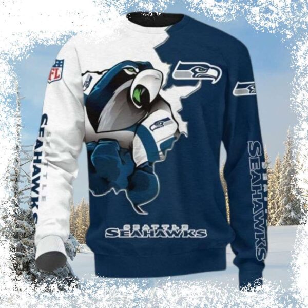 Show your Seahawks pride this Christmas with our Navy and White Mascot sweater! Perfect for game day or holiday gatherings. Shop now and get your festive gear! - Image 1 - rugbyfanstore.com