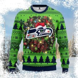 Show your Seahawks pride this holiday season with our hilarious ugly Christmas sweater featuring a Laurel Wreath graphic! Perfect for game day or festive gatherings. Shop now and get ready to spread s - Image 1 - rugbyfanstore.com