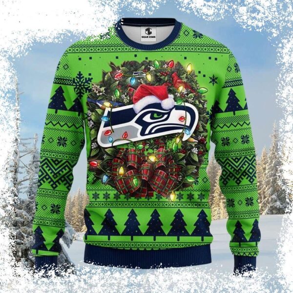 Show your Seahawks pride this holiday season with our hilarious ugly Christmas sweater featuring a Laurel Wreath graphic! Perfect for game day or festive gatherings. Shop now and get ready to spread s - Image 1 - rugbyfanstore.com