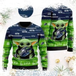 Show your Seahawks pride this Christmas with this hilarious Ugly Christmas Sweater featuring Baby Yoda! Get yours now and be the talk of the party! - Image 1 - rugbyfanstore.com