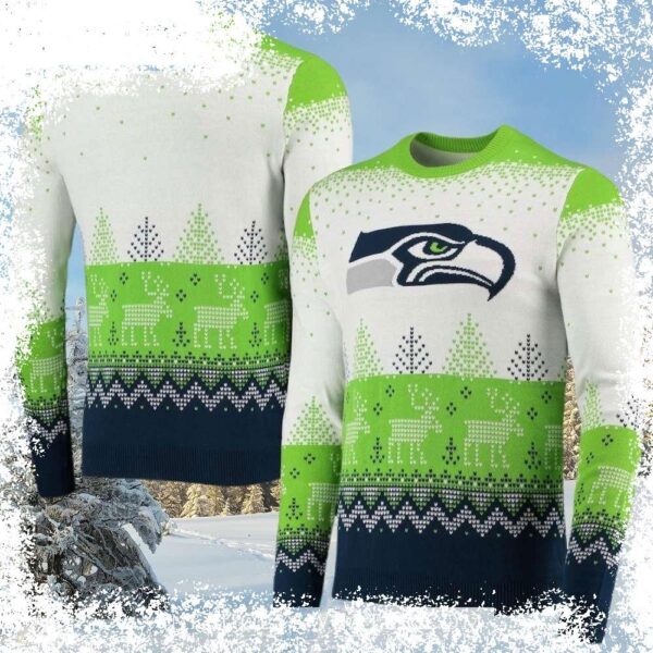 Show your Seahawks pride this holiday season with this unique Xmas sweater! Featuring a big team logo, it's the perfect gift for any fan. Shop now and get ready for the season! - Image 1 - rugbyfanstore.com