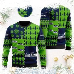 Show your Seahawks pride this holiday season with this festive ugly Christmas sweater featuring a snowflake design and the iconic team logo. Shop now and spread the cheer! - Image 1 - rugbyfanstore.com