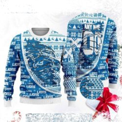 Show your Detroit Lions pride this Christmas with our personalized ugly sweater! Featuring a bold logo print, this unique sweater is perfect for festive gatherings. Order yours today and spread the ho - Image 1 - rugbyfanstore.com