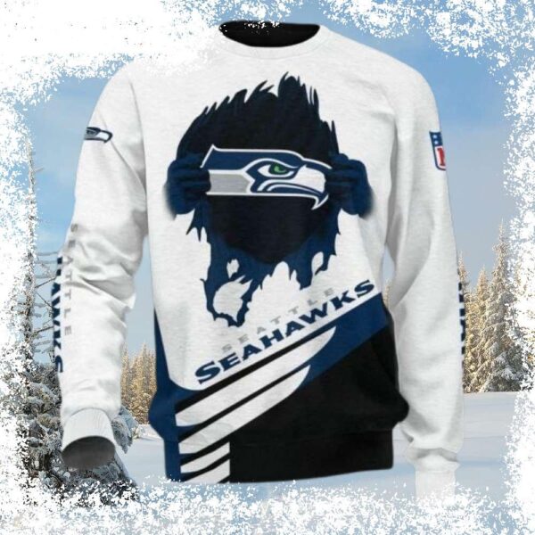 Show your Seattle Seahawks pride with this hilarious ugly Christmas sweater! Featuring a unique design, this sweater is perfect for holiday parties and gatherings. Shop now and get ready for the holid - Image 1 - rugbyfanstore.com