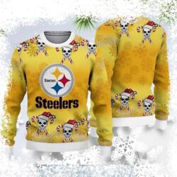 Show your Steelers pride this holiday season with our stylish Santa Skull Candy Cane Sweater! This unique design features a festive skull wearing a Santa hat and candy canes, perfect for any fan. Shop - Image 1 - rugbyfanstore.com