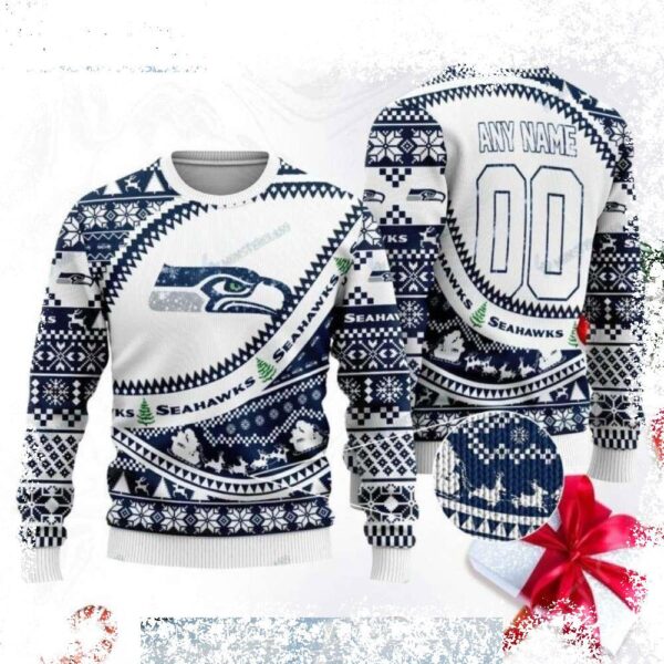 Show your Seahawks pride this holiday season with this ugly Christmas sweater! Featuring a warm winter design, it's perfect for festive gatherings. Shop now and get ready to spread some holiday cheer! - Image 1 - rugbyfanstore.com