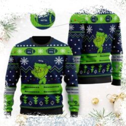 Spread holiday cheer with this hilarious Seattle Seahawks Ugly Christmas Sweater featuring a cute Grinch design! Perfect for game day or festive gatherings. Shop now and show your team spirit! - Image 1 - rugbyfanstore.com