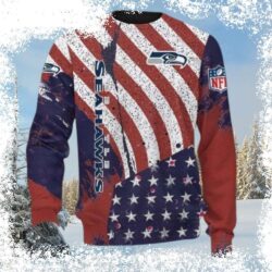 Show your Seahawks pride this holiday season with our unique ugly Christmas sweater! Featuring American flag motifs, this sweater is sure to turn heads. Shop now and get ready for the holidays! - Image 1 - rugbyfanstore.com