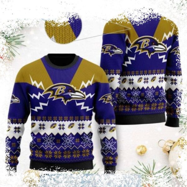 Show your Baltimore Ravens pride this Christmas with this cozy sweater featuring a snowy pattern design. Perfect for game day or holiday gatherings. Shop now and get ready to cheer on your team! - Image 1 - rugbyfanstore.com