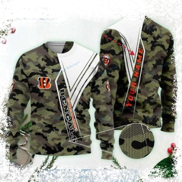 Show your Bengals pride this Christmas with this hilarious ugly sweater featuring a camouflage pattern! Perfect for game day or holiday gatherings. Shop now and get ready to jingle all the way! - Image 1 - rugbyfanstore.com