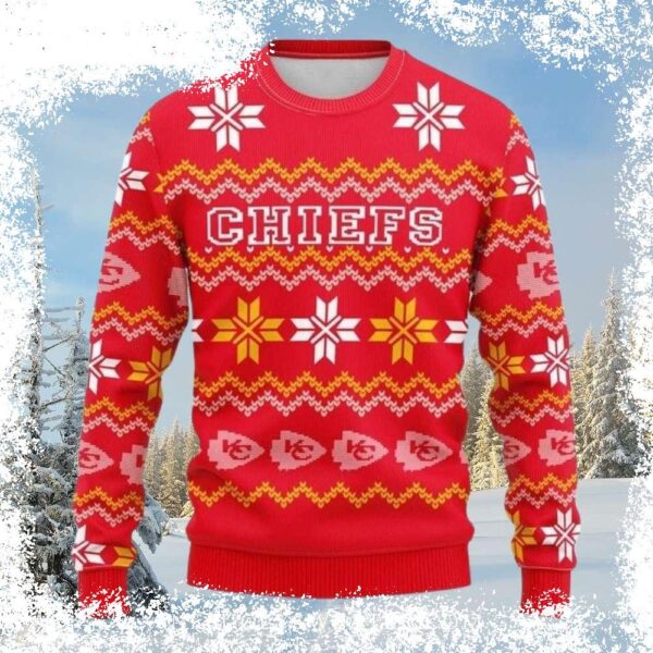 Show your Chiefs pride in style with this festive ugly sweater! Featuring a snowflake pattern and the iconic Chiefs Kingdom logo, this sweater is perfect for holiday gatherings. Shop now and get ready - Image 1 - rugbyfanstore.com