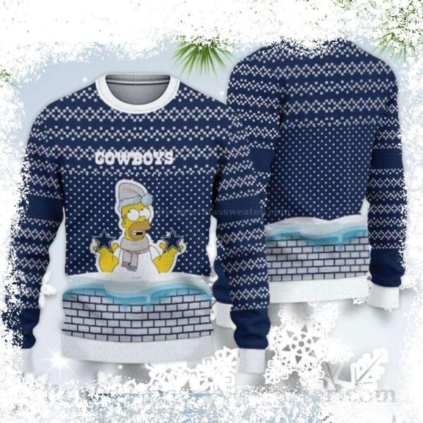 Show your love for The Simpsons and the Dallas Cowboys with this hilarious ugly Christmas sweater! Perfect for holiday parties or casual wear. Shop now and get ready to spread the cheer! - Image 1 - rugbyfanstore.com