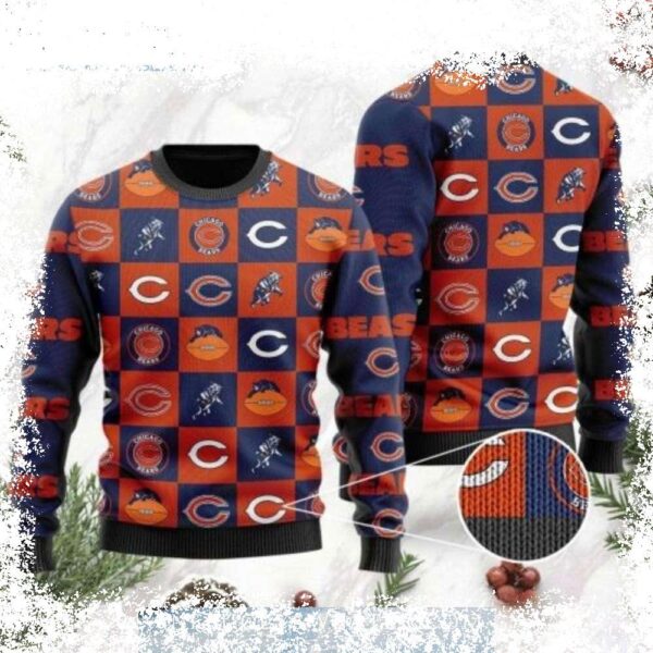 Show your Chicago Bears pride in style with this cozy, flannel-designed ugly sweater. Perfect for holiday gatherings or game day! Shop now and get ready to cheer on the Bears in comfort! - Image 1 - rugbyfanstore.com