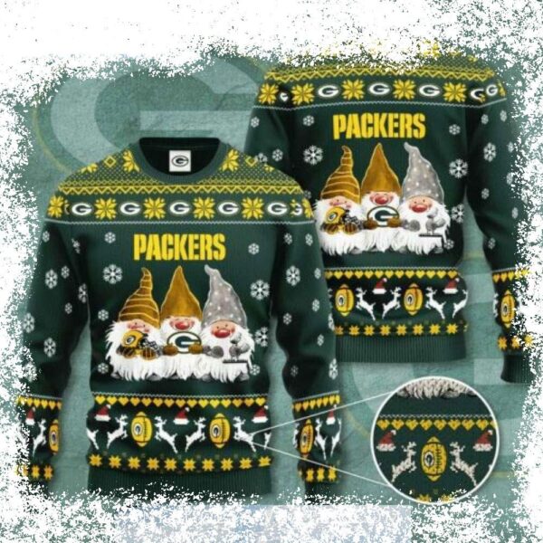 Show your Packers pride with this adorable and ugly sweater featuring three tiny dwarfs! Perfect for holiday parties and tailgating, this sweater is sure to turn heads. Get yours today! - Image 1 - rugbyfanstore.com